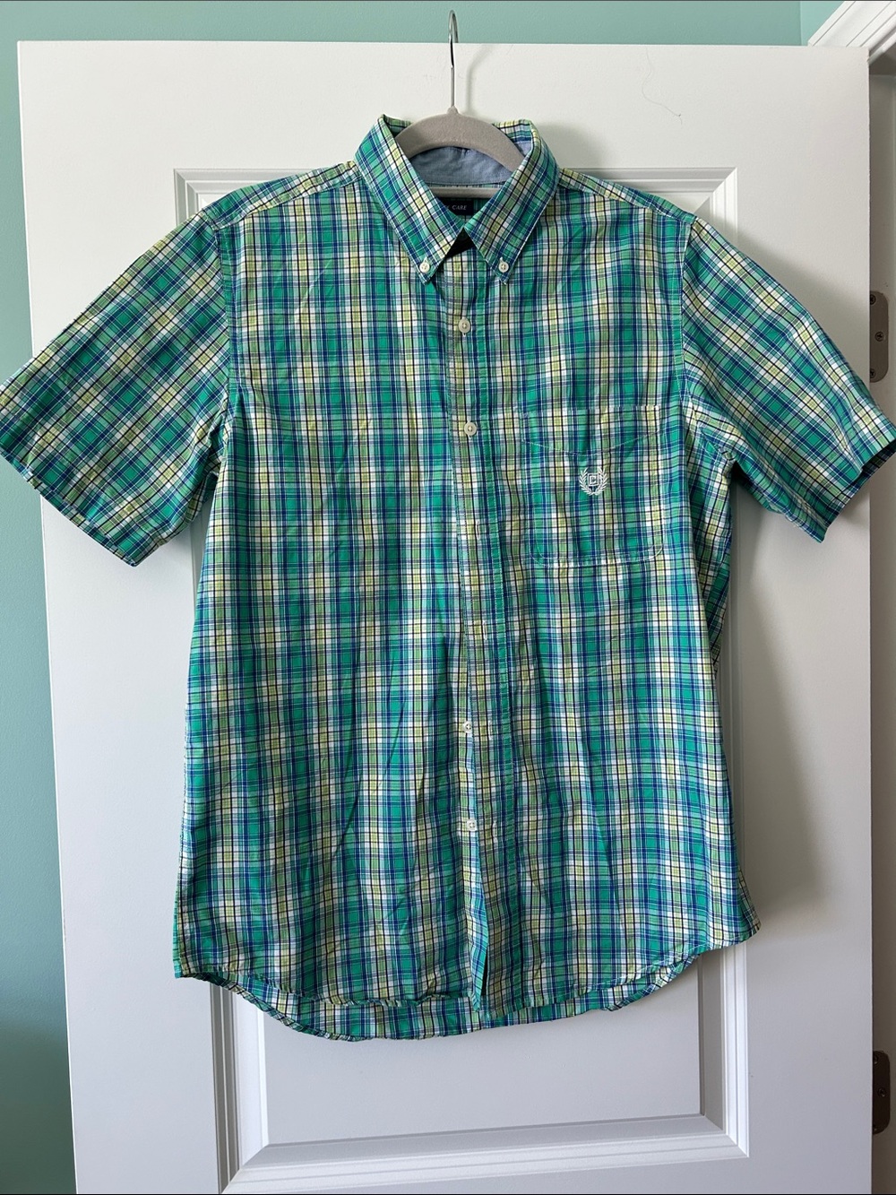 Chaps Green, Teal and Blue Plaid Short-Sleeve Button-Down Shirt